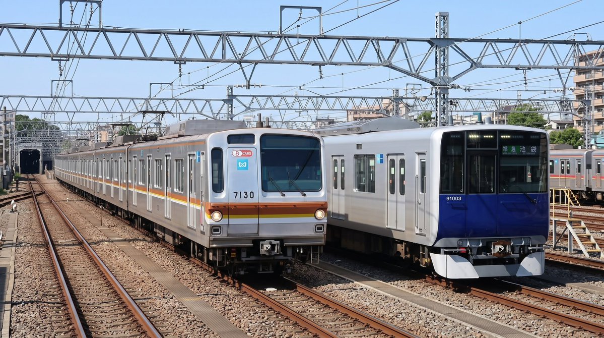 Series46000's tweet photo. 東京メトロ7000系と東武90000系が並んだ！ https://t.co/P59DtsUZEj