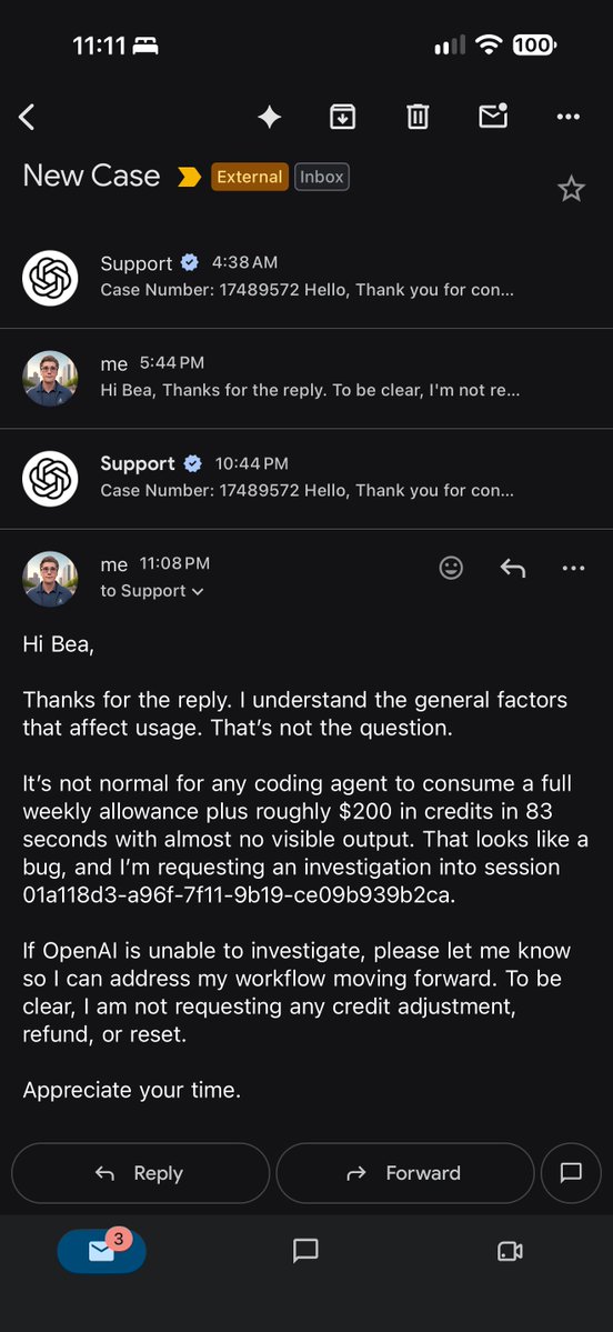 thetxeagle's tweet photo. Pretty sure @OpenAI support is actually ran by agents.

I ask for an investigation as to why Codex decided to blow my weekly usage and credits in 83 seconds. Instead they are deflecting and not answering the question.

It seems like they are unable to investigate which is concerning given the compliance nature.