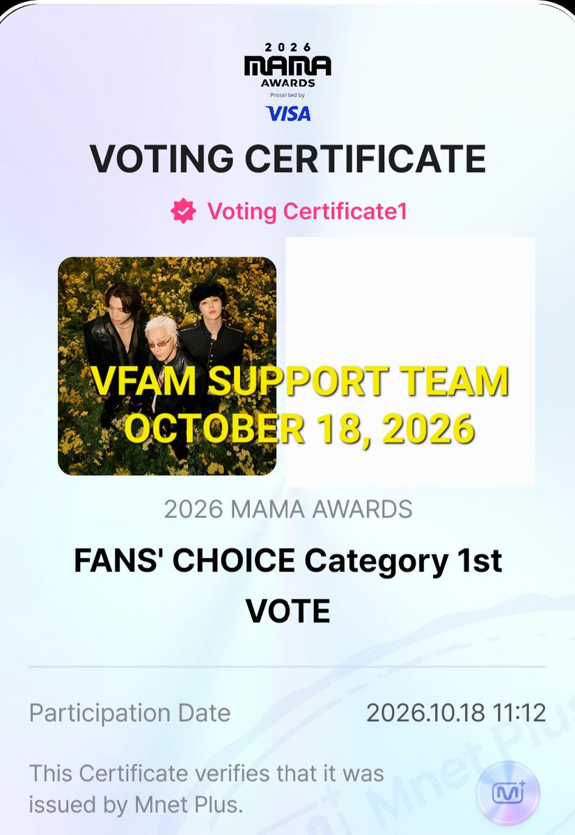 vfamsupportteam's tweet photo. October 18, 2026 (Sunday)
I vote #BIGBANG for Fans' Choice Male #2026MAMAVOTE https://t.co/6wfxEVcf4W