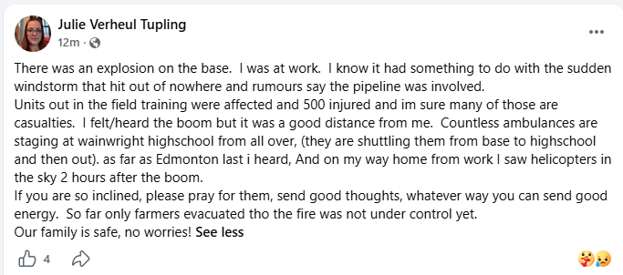 ScottMStedman's tweet photo. A woman in Wainwright, who appears to be married to a member of the Canadian Armed Forces, says she felt an explosion. She says that approximately 500 are injured. https://t.co/Y6KDoDad4b