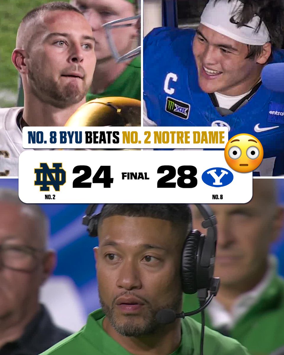 espn's tweet photo. NO. 8 BYU BEATS NO. 2 NOTRE DAME IN PROVO 😤

The Cougars win their FIRST-EVER AP top-10 matchup! https://t.co/EN6EiAaZa3
