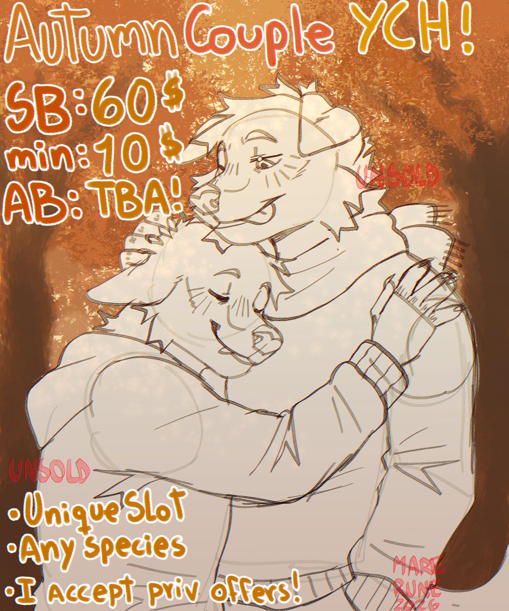 marerune's tweet photo. 💗🧡Autumn Couple YCH!💛💗
💖 One unique slot only!
✨Priv óffers OK! 
✨ Any species, gender, or design! can add hair!

▫️ SB: 60💸 | ▫️ Min: 10💸| AB: to be added
▫️shares are super appreciated!
Ends tomorrow! Good luck! ✨💕 https://t.co/tkcRIxtWRq