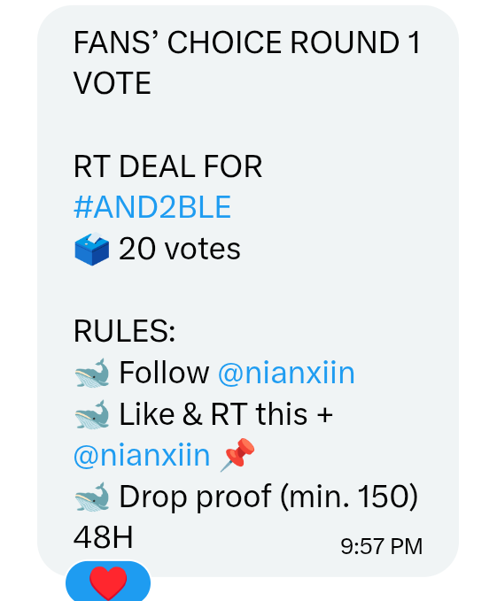 About_BaoBao_'s tweet photo. N:DCLOs, please help me spread this because my account is restricted

RT DEAL FOR #AND2BLE #2026MAMAVOTE FANS’ CHOICE 
🗳️ 20 votes 

RULES:
🐋 Follow @nianxiin
🐋 Like &amp; Retweet this post + @nianxiin pinned post
🐋 Drop proof in the reply (min. 150)

48H (until 10/19 10:57pm KST) https://t.co/j8wg9c9NqD