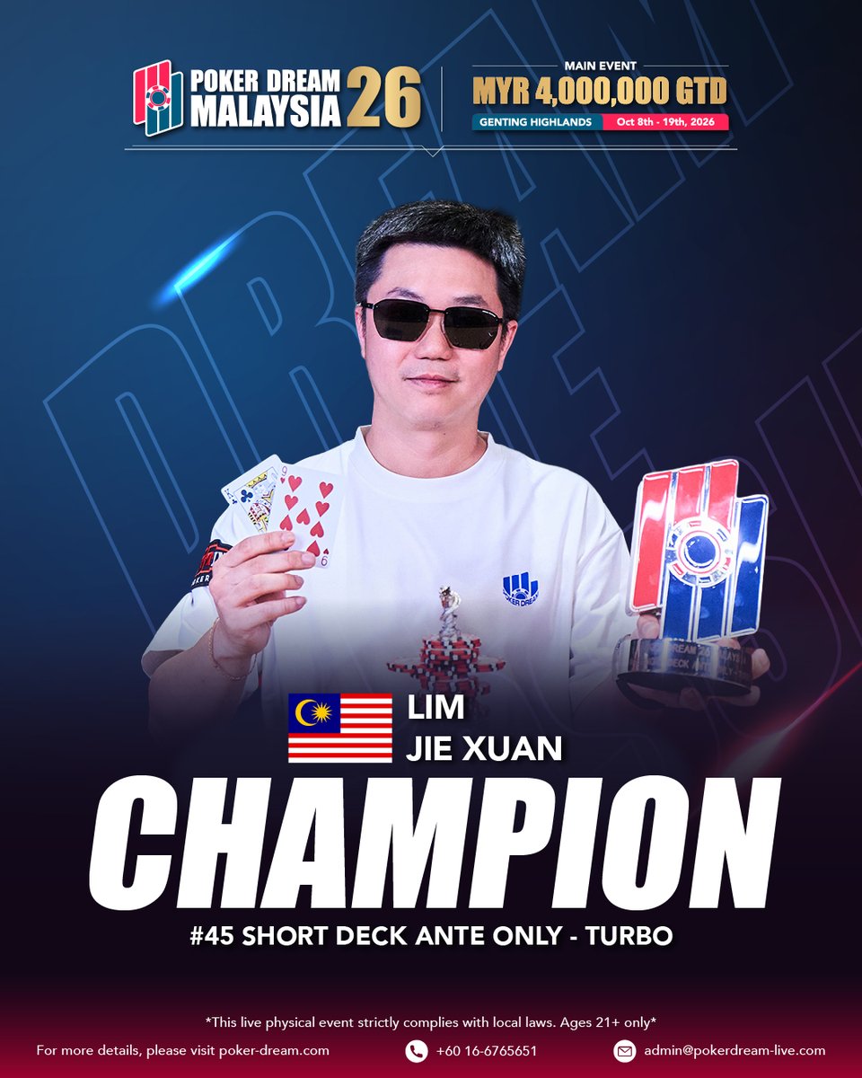 PokerDream_Live's tweet photo. New Champions of #PD26Malaysia 🏆
🇲🇾 #45 Jie Xuan Lim
🇮🇳 #46 Chandy Sanjay
🇹🇭 #47 Nativut Chumpeth
Main Event Day 2 starts today! 🔥
More at https://t.co/z9luqNzEGY
#PokerDream #MainEvent https://t.co/B3uQIrm6cZ