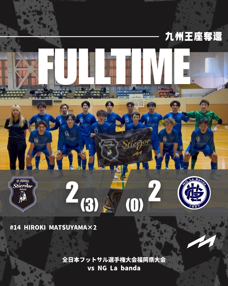 kitakyu_futsal's tweet photo. 🔔試合結果🔔
🏆 全日本フットサル選手権大会福岡県大会
📍 大川市民体育館
🆚 NG La banda
🔢 2-2 【PK:3-0】 ○
得点者
No.14 松山弘輝×2
PK戦の末、決勝トーナメント1回戦突破‼️
次戦も応援よろしくお願いします📣📣
#北九州市立大学
#GivingCampaign
#フットサル
#stierdor
#moshtokyo https://t.co/Sd0JJPyCOQ