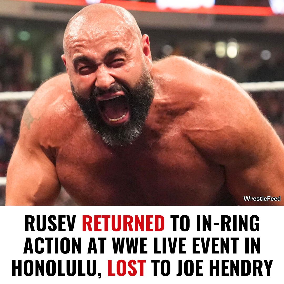 WrestleFeedApp's tweet photo. Rusev returned to in-ring action for his first match in almost 3 months at a WWE Live Event in Honolulu, where he lost to Joe Hendry. Rusev hurt his neck during his match against Je'Von Evans on the July 27th RAW and that was his last televised match. https://t.co/71MwNwCb5J