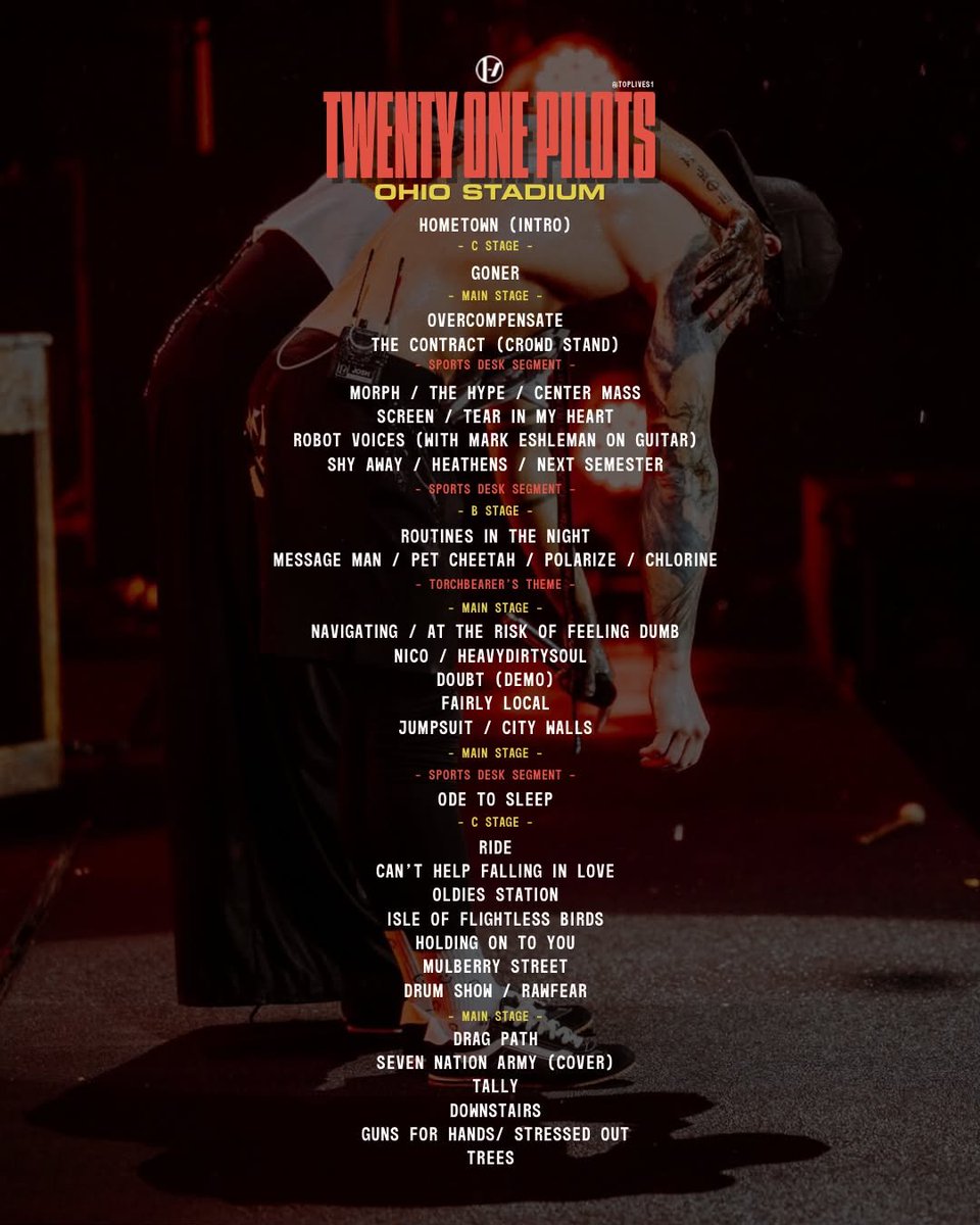 toplives1's tweet photo. Este fue el setlist del show de Twenty One Pilots en Ohio State 

Con una duración de tres horas, se convirtió en el concierto más largo de toda su carrera y uno de los más épicos🔥 https://t.co/jMEOMTKYAf