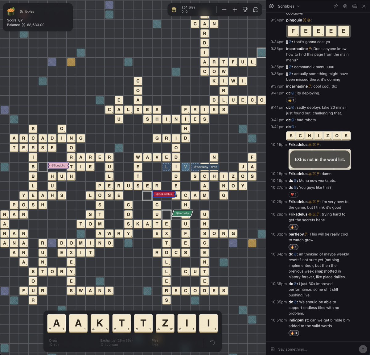 heydthree's tweet photo. Online communities slap. Deployed infinite scrabble < 2 hours ago and 15+ strangers have already built this much.

This is one of > 500 secrets in The Secrets Project, including > 40 mini games / collaborative communities. https://t.co/PPpRWWsVnW