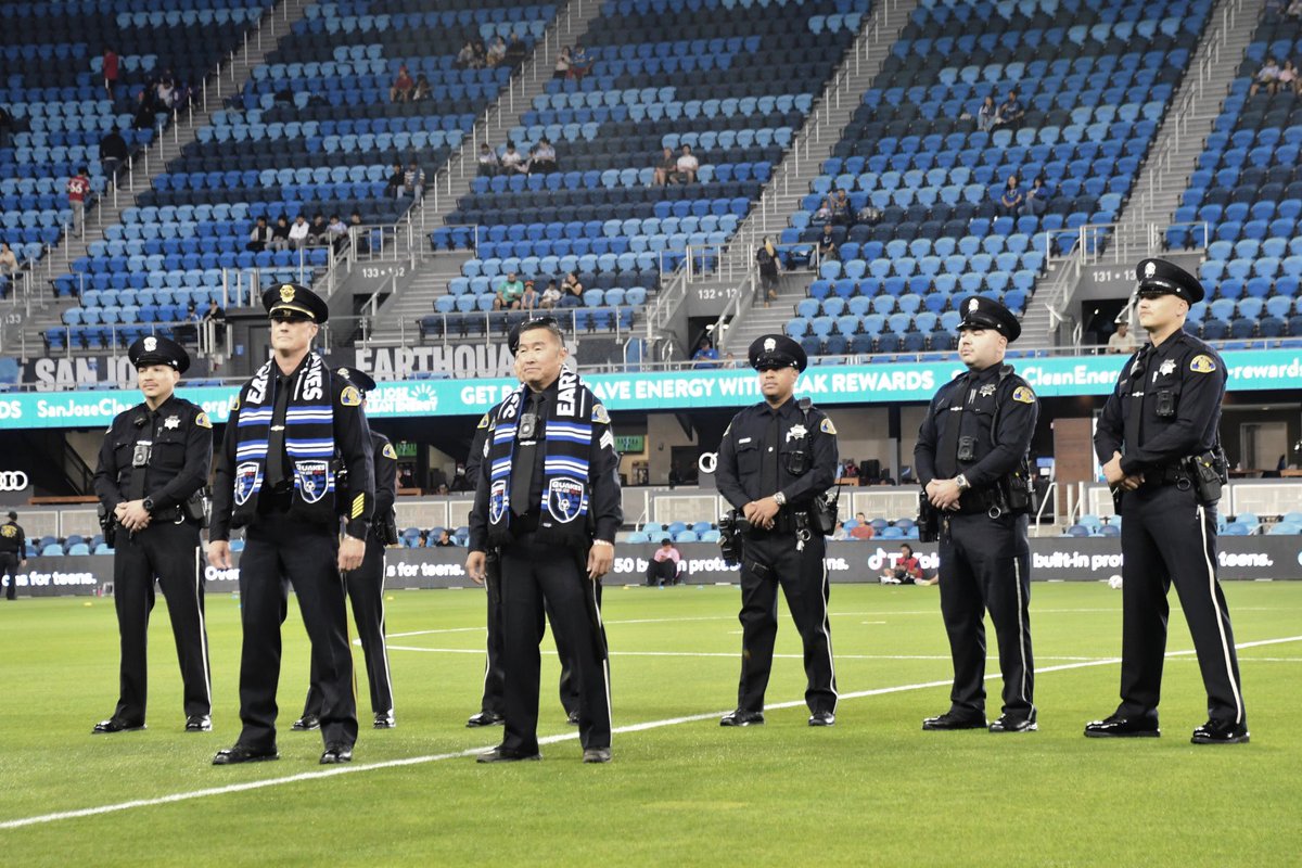 SanJosePD's tweet photo. The San Jose Police Department is truly honored to be recognized by the San Jose Earthquakes and Guy Fieri Foundation during tonight's First Responders Night game. The Department is dedicated to providing public safety through valuable community partnerships and nights like tonight remind us of how much we love serving our San Jose community!