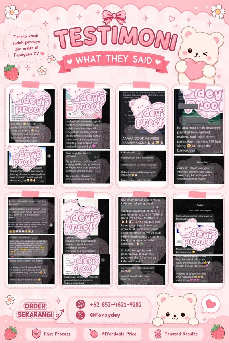 matchivee's tweet photo. HADIRR yaww bisaa dibantuu akakk🥺🫶🏻 Siang ini jugaa bisa selesaii

🍒 Surat lamaran 20k onlyy + free konsultasi 🍒 1800+ testi — Shopee, BCA, Astra, Gojek, Paragon, Pwc, Maganghub 🍒 Selesai HARI INII ✨ 🍒 Wording + template + free revisi https://t.co/F7iVEGEXr4