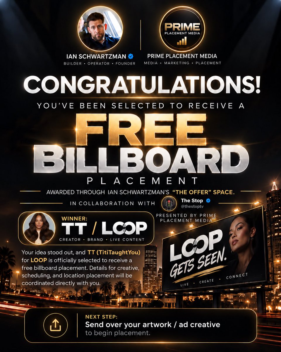 primeplacementm's tweet photo. 🏆 Congratulations to @TitiTaughtYou on winning a FREE billboard placement for LOOP! 📺🔥

Special thanks to @Ian_Schwartzman and @thestoptv for creating a platform that supports entrepreneurs and brings opportunities to life! 🤝

Presented by @primeplacementm 🪧 https://t.co/Gldjb99FJH