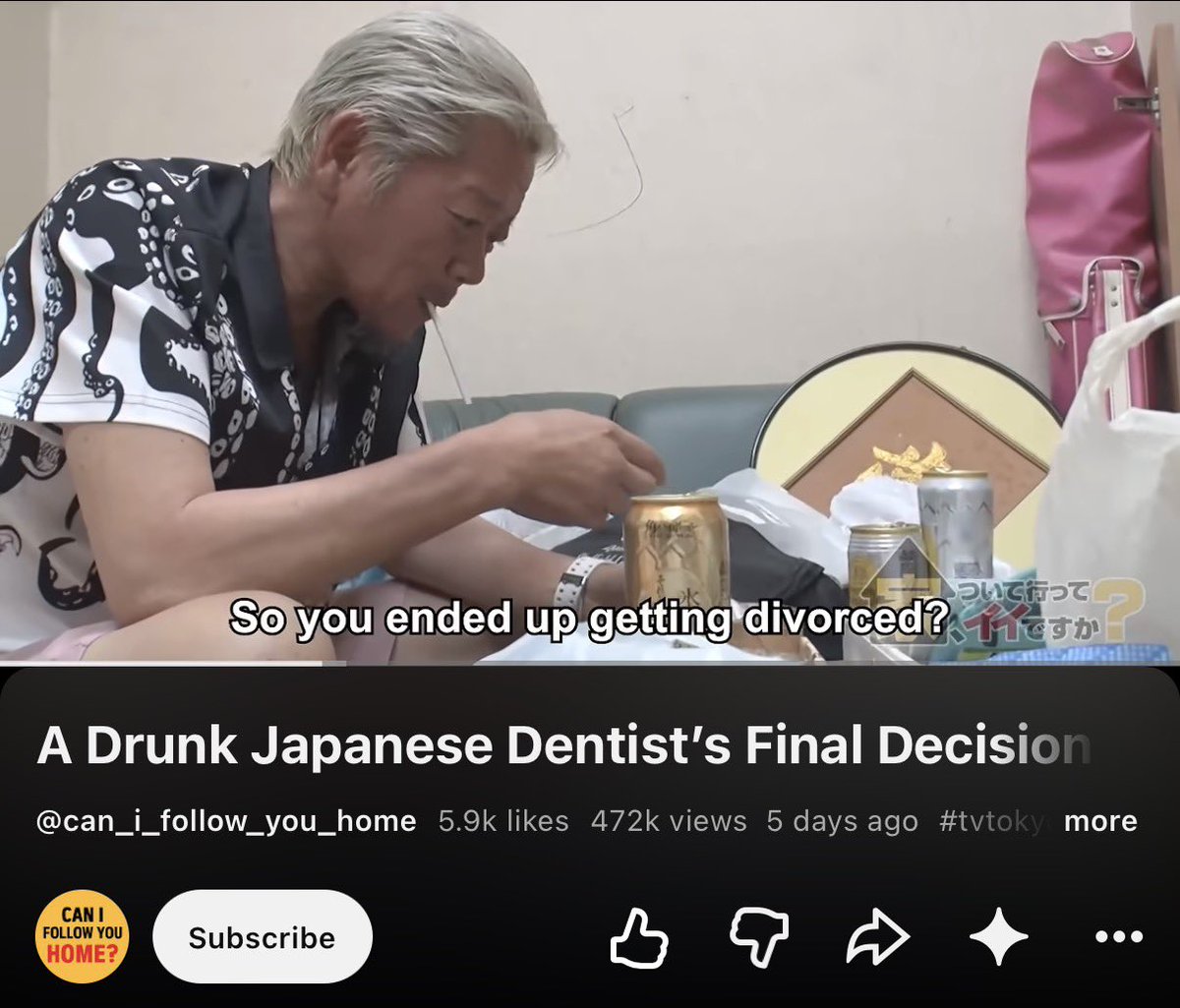 katexbt's tweet photo. Probably one of the best videos you'll ever see on YouTube.

Cuts very close to meaning of life.

> be dentist in Tokyo
> run successful clinic, 10 employees, 60 patients a day
> look back at 6th floor of career ladder
> mfw nobody followed me, wife gone, kids gone
> quit it all
> get diagnosed with liver disease
> told I have 3 years to live, live 5 more
> move to Okinawa
> become fisherman
> name boat after grandson
> actually happy
> die surrounded by family and friends
> leave world with a grin
> mfw it was my life all along