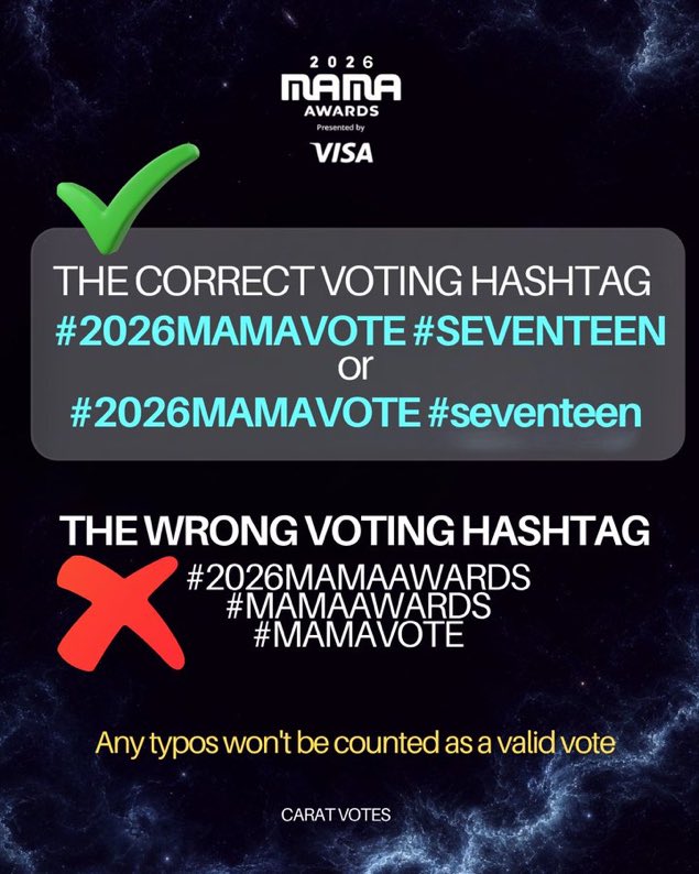carat_votes's tweet photo. A REMINDER TO DOUBLE CHECK YOUR VOTING HASHTAG!

It’s #2026MAMAVOTE #SEVENTEEN

❌ MAMAVOTE2026 https://t.co/vFL7aZPxPb