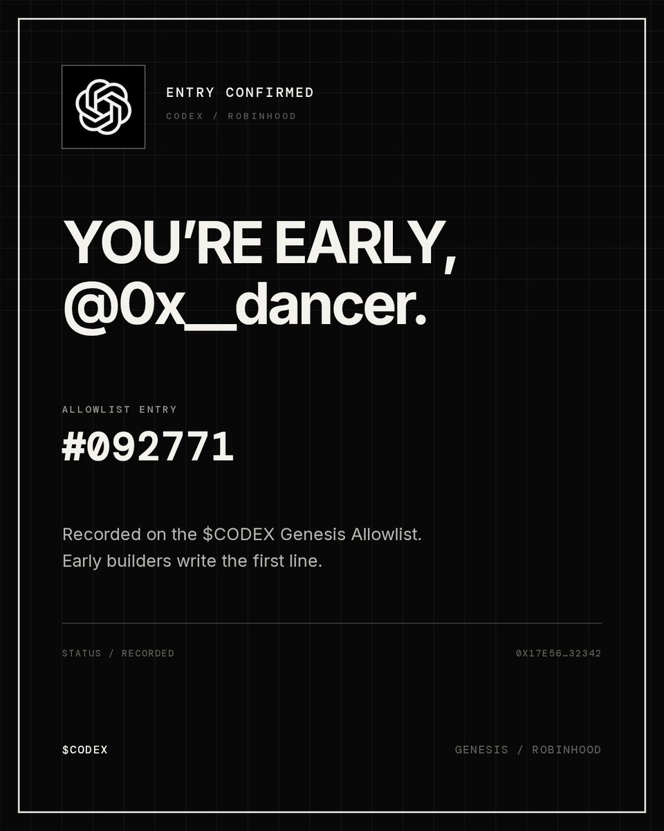 0x__dancer's tweet photo. 🚨 ANOTHER AIRDROP WAITLIST IS OPEN!

The @Codex_robinhood waitlist is now LIVE. 

 70% of the total supply is reportedly allocated to the community. That’s a big chunk!

Here’s the breakdown:

Cost: FREE
Reward: Confirmed
Network: Robinhood Chain
Total Supply: 1B $CODEX

How to get started:
Register at https://t.co/sIVgIC0Iuu
Complete the required social tasks
Submit your EVM wallet

 You're done!

Early participation could be worth watching, so get the basics sorted and keep an eye on official updates.

Who's joining the waitlist? 👀🔥

Building early on Robinhood Chain.