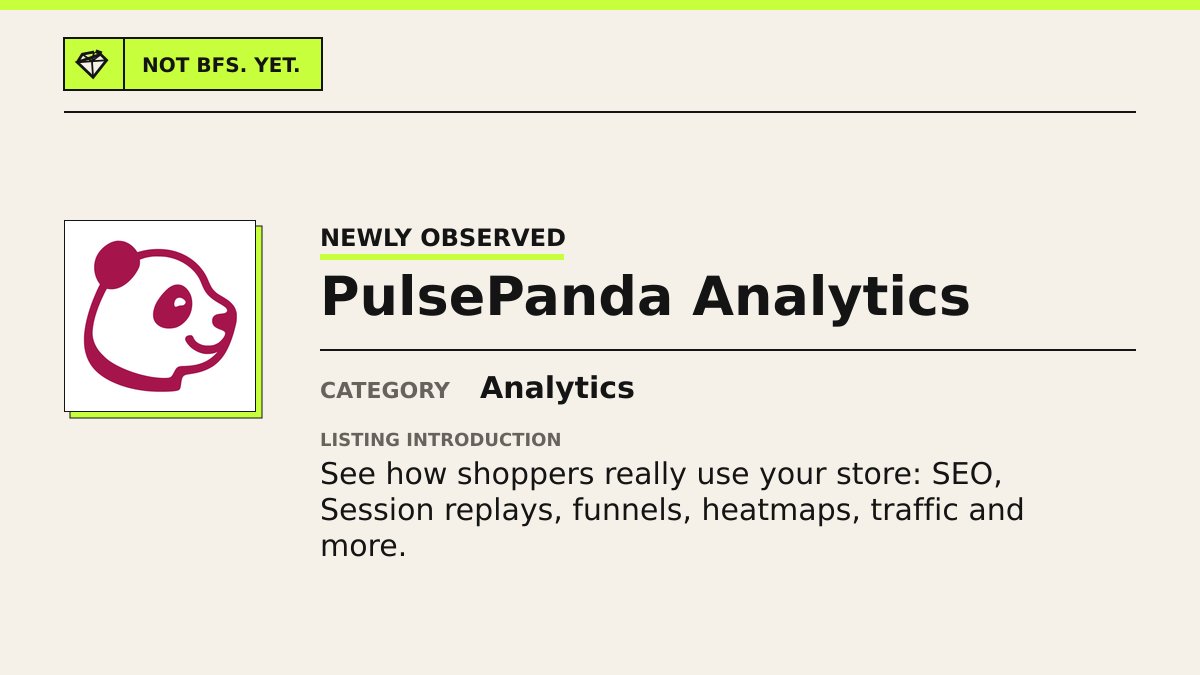 nbfs_app's tweet photo. Now observed in the public catalog: PulsePanda Analytics
Listing category: Analytics
Source notes and app links are in our profile.

#Shopify #ShopifyApps #EcommerceAnalytics https://t.co/BjiiQstlZs