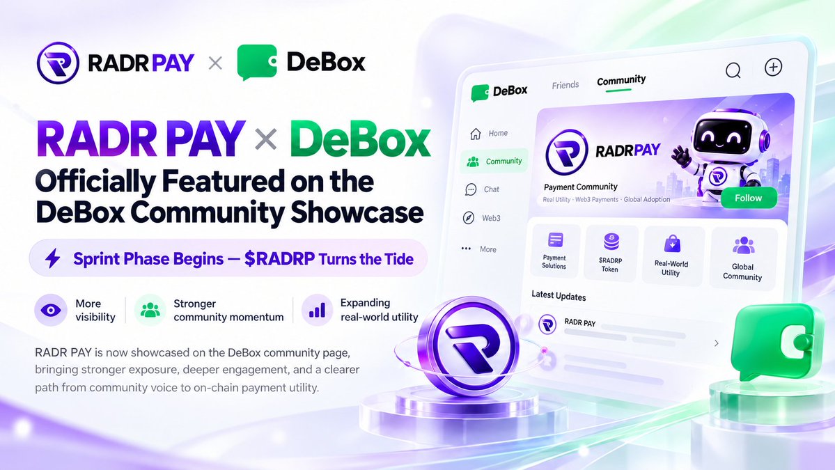 RADRPAY's tweet photo. 🚀 #RADRPAY × @DeBox_Social 
RADR PAY is now officially featured on the DeBox Community Showcase.
More visibility.
Stronger community.
More real-world utility.
The next phase begins. $RADRP keeps building.
#RADRPay #RADRP #DeBox #Web3 https://t.co/CEQMSzwiEd