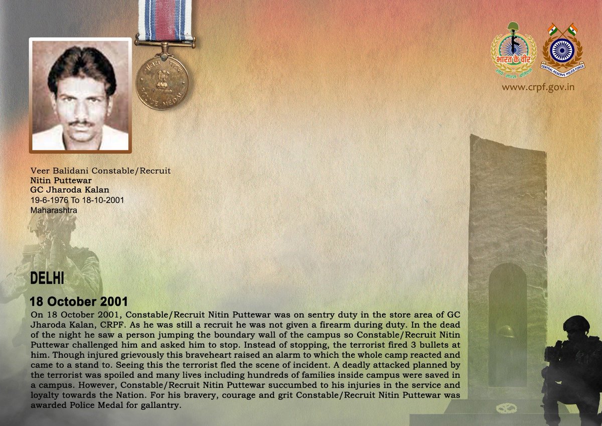 crpfindia's tweet photo. DG and all Ranks of #CRPF pay solemn tribute to Ct/Recruit Nitin Puttewar of GC Jharoda Kalan, who made the supreme sacrifice after sustaining grievous injuries while valiantly thwarting a terrorist attack on GC Jharoda Kalan campus on 18 October 2001 in Delhi. CRPF salutes the braveheart and pledges never to let his sacrifice go in vain.

#LestWeForget
🇮🇳 #Bharat_Ke_Veer 🇮🇳