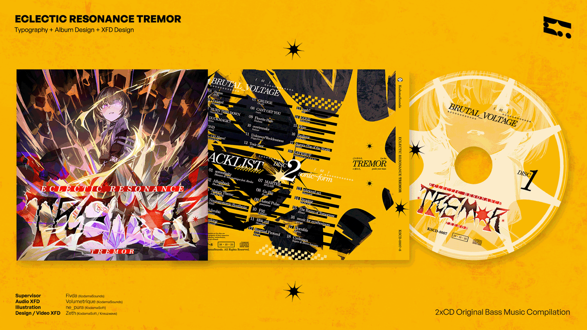 ZethZ161's tweet photo. work // ECLECTIC RESONANCE TREMOR // typography + album design + XFD Video

my biggest project of the year!! couldn't say no to bass music ⚡️
big massive thanks for everyone involved in the making of the compilation! this album lineup is frankly insane so please enjoy! https://t.co/WnirCdMjw6