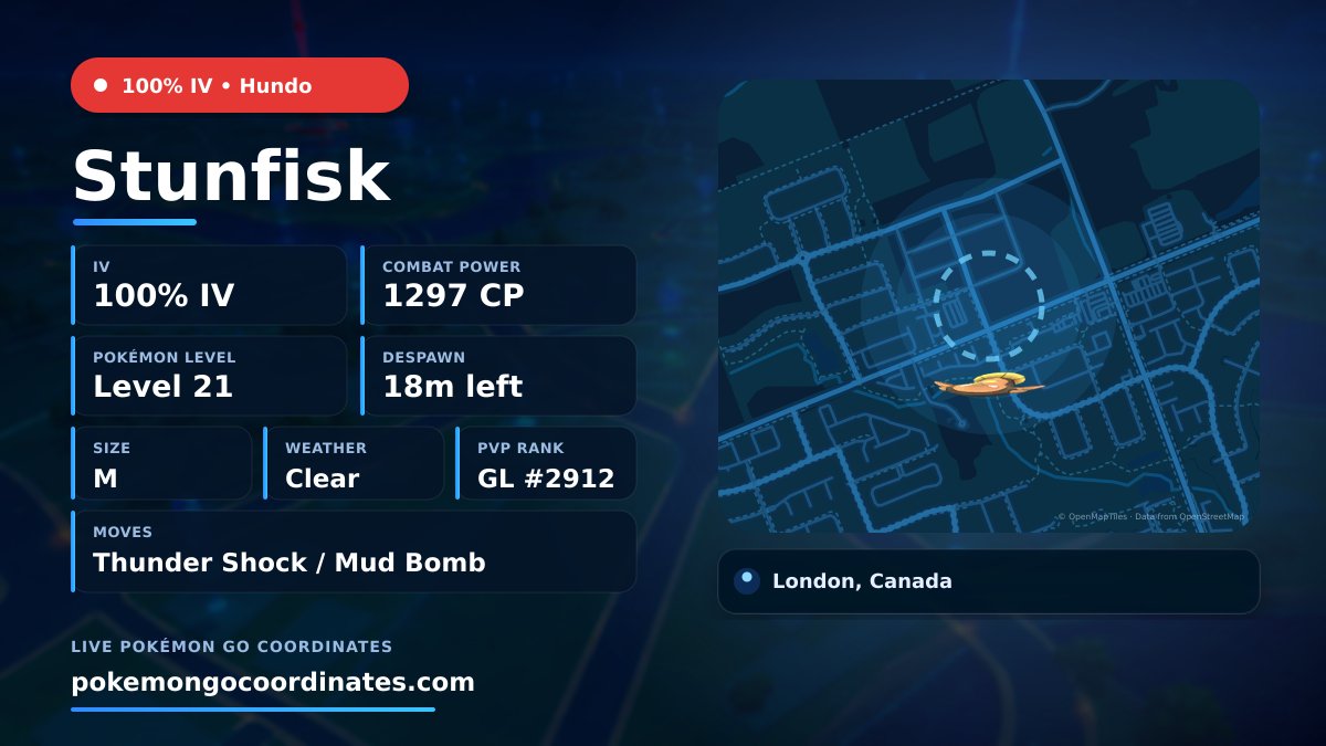 CoordsPokemonGo's tweet photo. Hundo #Stunfisk Wild Spawn
💯 100% IV • 1297 WP • Level 21 • Size M
Moves: Thunder Shock/Mud Bomb
Weather: Clear
🇨🇦 London, Canada
Despawns in 18 minutes
43.045895,-81.265520

#PoGo • #100IV https://t.co/yxMnw1BobG