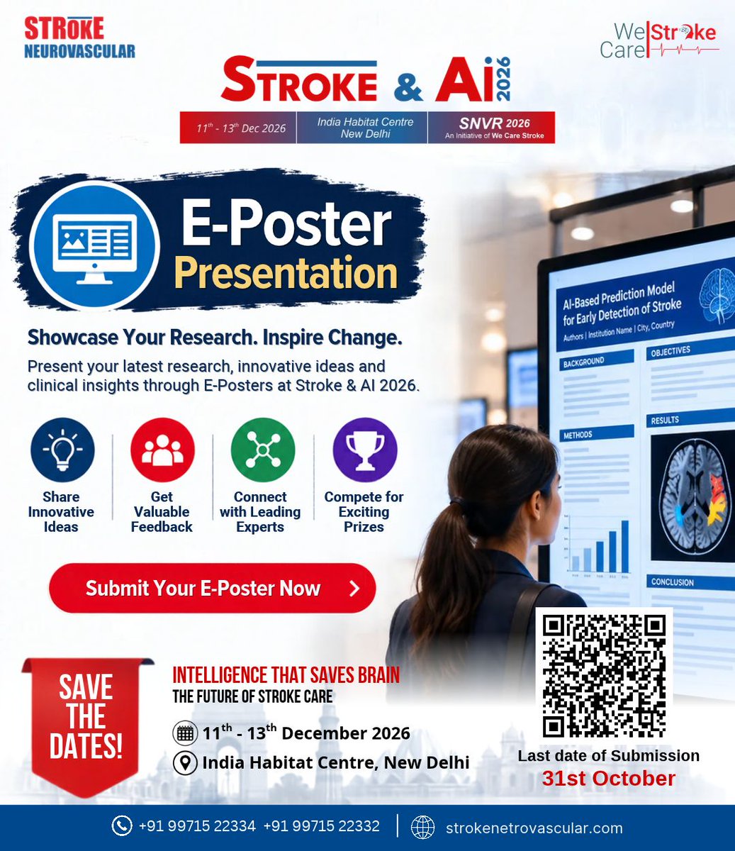 WeCareStroke's tweet photo. 💻 CALL FOR E-POSTER PRESENTATIONS | STROKE &amp; AI 2026

🚀 Submit your E-Poster abstract today and be part of the future of stroke care!
🔗 Submit Now: https://t.co/LskVKW6nQ5

#StrokeAndAI2026 #SNVR2026 #EPosterPresentation #CallForAbstracts #StrokeResearch https://t.co/rTnQH5Jhzw