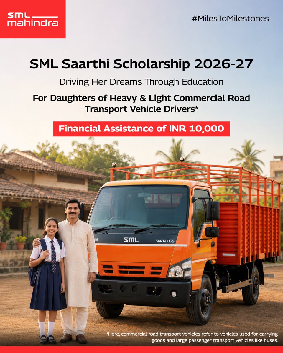 Buddy4Study's tweet photo. Behind the steering wheel on India's highways, there is a story of a father driving towards a better future for his daughter.

The SML Saarthi Scholarship 2026-27 helps drivers of heavy and light commercial road transport vehicles for carrying goods and large passenger transport vehicles like buses support their daughters who are studying in Class 11 or 12, from any stream.

Applicants must have scored at least 60% marks in their last academic year, with family income not exceeding INR 6,00,000.

Hurry up! Apply today!