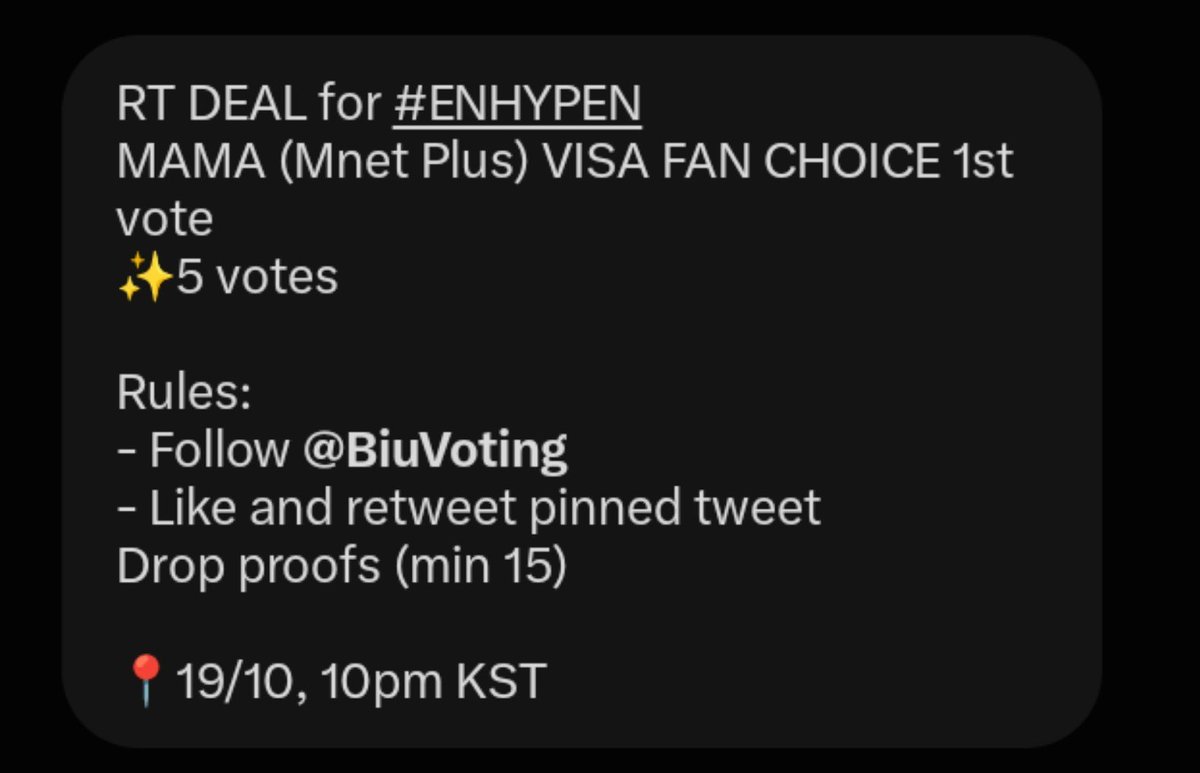 sunoojayy's tweet photo. RT DEAL for #ENHYPEN 
MAMA (Mnet Plus) VISA FAN CHOICE 1st vote 
✨5 votes

Rules: 
- Follow @BiuVoting
- Like and retweet pinned tweet 
Drop proofs (min 15) 

📍19/10, 10pm KST https://t.co/XGGwzfSrWW