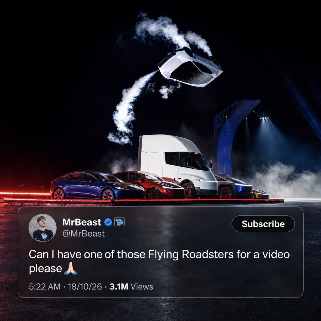 cb_doge's tweet photo. BREAKING: MrBeast is asking for a flying Tesla Roadster for a video.

He has over 800 million followers across social media, yet he chose 𝕏 to make the request.

Not Instagram. Not TikTok.

He knows where to reach the world’s most influential people. That’s the power of 𝕏. https://t.co/FuLLV68e9w