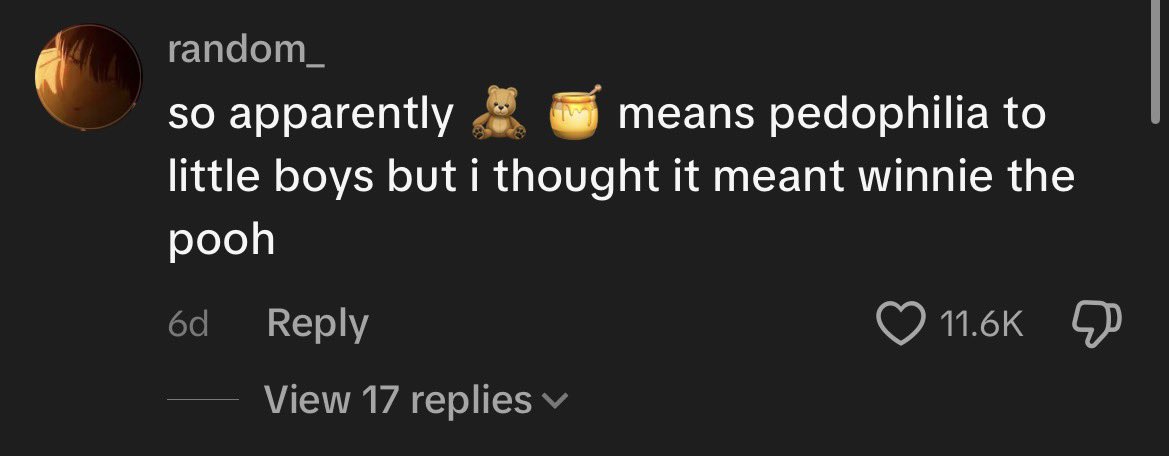 uke_kyun's tweet photo. so apparently 🧸 🍯 means pedophilia to
little boys but i thought it meant winnie the pooh https://t.co/4xcSOLm28R