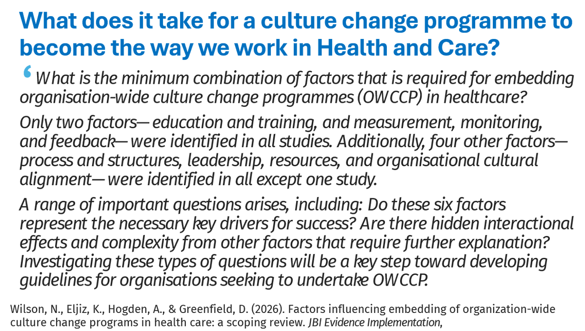 HelenBevan's tweet photo. We know that culture change programmes can create the conditions for health & care organisations to be more “change ready”, but what does it take for a culture change programme to become the way we work organisation-wide?

Natalie Wilson & colleagues have published a scoping review in @JBI_EI on embedding organisation-wide culture change programmes in health & care. They screened 7,922 studies but only included 17. One is a review I co-authored with Cynthia Willis & colleagues in 2016, so I read this with particular interest.

The authors separate 3 phases. “Implementing” gets interventions into practice. “Sustaining” keeps the programme & its outcomes going, usually 2 to 6 years after implementation. They also describe a middle phase, “embedding”, when change becomes part of the everyday routines of individuals & teams & part of organisational systems. The evidence for “embedding is particularly lacking.

10 factors emerged. “Education & training” & “measurement, monitoring & feedback of outcomes” appeared in every study. “Processes & structures”, “leadership”, “resources” & “cultural alignment” appeared in 16. “Shared, defined accountability” in 15. “An adaptable programme” in 11, “stakeholder engagement” in 8, “alignment with the external environment” in 7.

There is a tension in the design of culture change interventions. Should we initiate a  programme that seeks to change culture "directly" through values, attitudes & messages? Or should we seek to change culture "indirectly" by redesigning the daily work, norms of collaboration & routines? It doesn’t say so explicitly, but the conclusions of this article are in the latter camp (as am I generally). 

Five implications for leaders of change:
1) Build the change into daily work: Integrating new practices into existing tasks & duties, aligning them with current processes & accounting for the effect on workload.

2) Write it into the organisation’s routines. Reporting systems, governance, people processes, policies & monitoring are where a programme becomes business as usual. 7 studies pointed to defining roles & responsibilities in organisational policy.

3) Support embedding as its own phase. 9 studies named a dedicated budget as a key factor, alongside people & time to do the work.

4) Put new practices into induction & refresher training, so it survives turnover of people.

5) Share leadership across professions & levels, keep it steady & feed outcomes back so people see what the change achieves.

This review shows us how thin the evidence base on organisation-wide culture change interventions in health & care is. All 9 empirical studies focused on nursing. Patients took part in 2. Administrative & corporate colleagues are missing from the research. Culture appears as both the goal & a condition for success. The studies measured whether the programme became embedded, not whether the culture shifted. This knowledge is much needed & there is work to do.

Link: https://t.co/n1u37wXt4a.