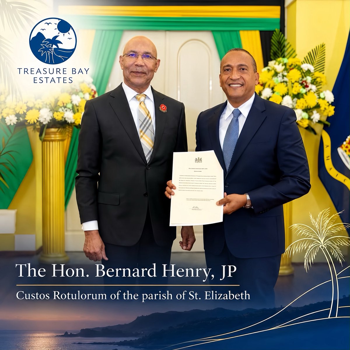 treasurebayest's tweet photo. Treasure Bay Estates proudly celebrates The Hon. Bernard Henry, JP, our Executive Chairman, on his appointment as Custos Rotulorum of the parish of St. Elizabeth.

A distinguished honor that reflects a commitment to leadership, service, and community.

#Leadership #StElizabeth https://t.co/VygHk4bSE7