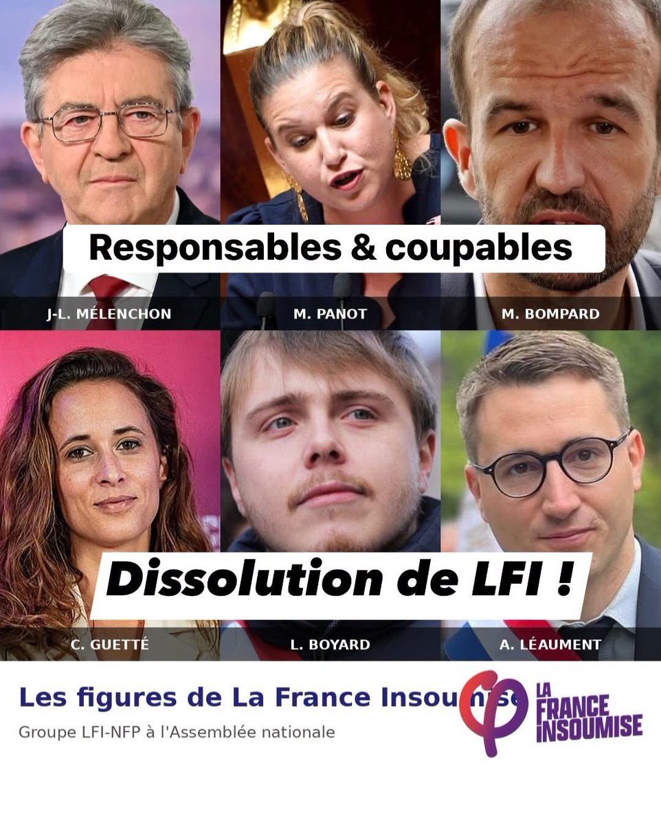 gazou3770's tweet photo. Ils doivent répondre devant la justice !!
Partagez si vous pensez qu’il faut dissoudre LFI ! https://t.co/eCbMv9Jded