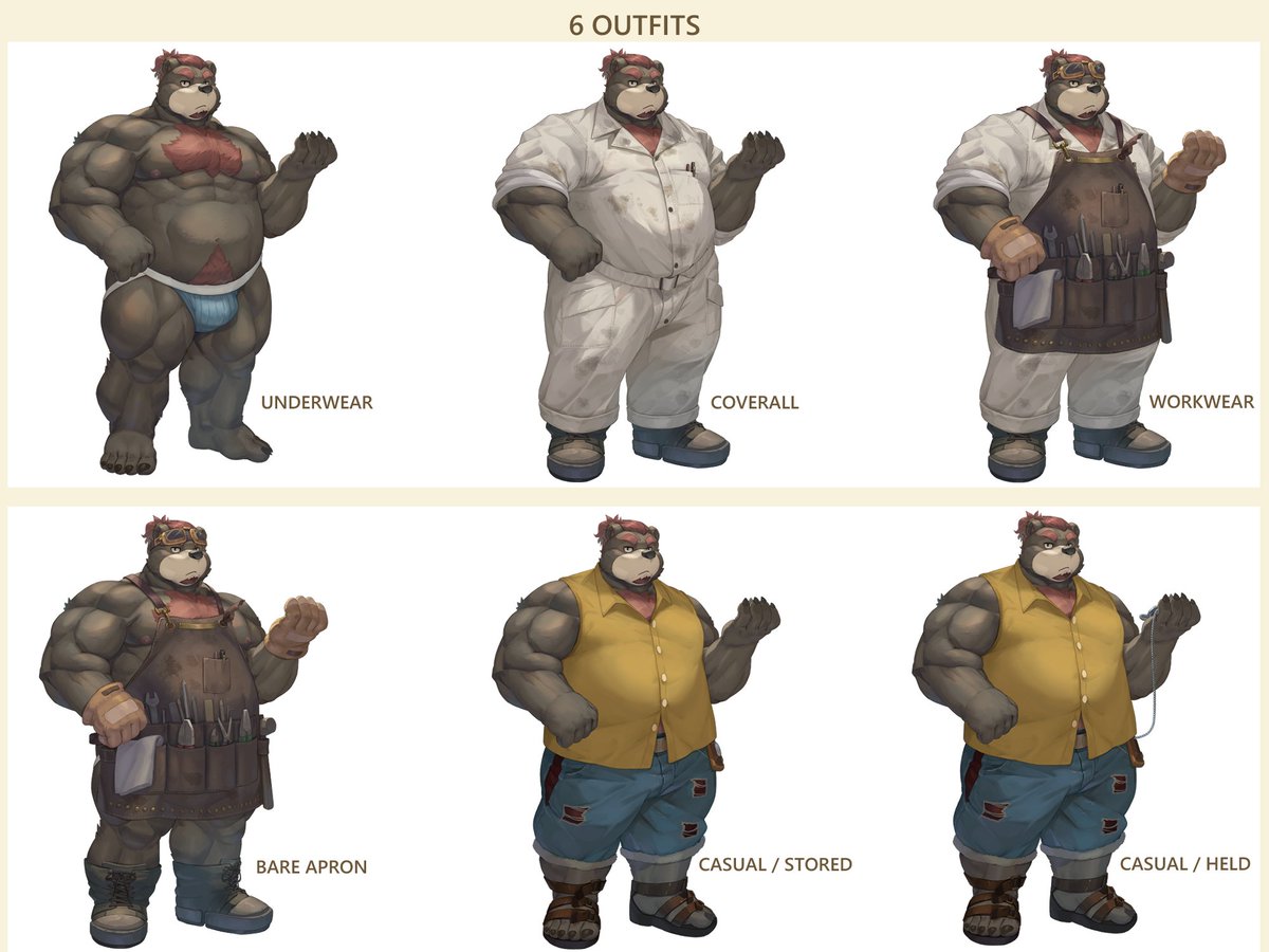 N_ioNion's tweet photo. オリジナルの熊獣人キャラクター「THE FOREMAN」の立ち絵素材集を制作しました！

衣装6種×表情8種の立ち絵48枚＋カスタマイズ用パーツを収録しています。

BOOTH：https://t.co/6lSLYTl4cV
https://t.co/N6Lw27NWdX：https://t.co/hr9q1bw2hO

#獣人 #立ち絵素材 https://t.co/nSosB0i98w