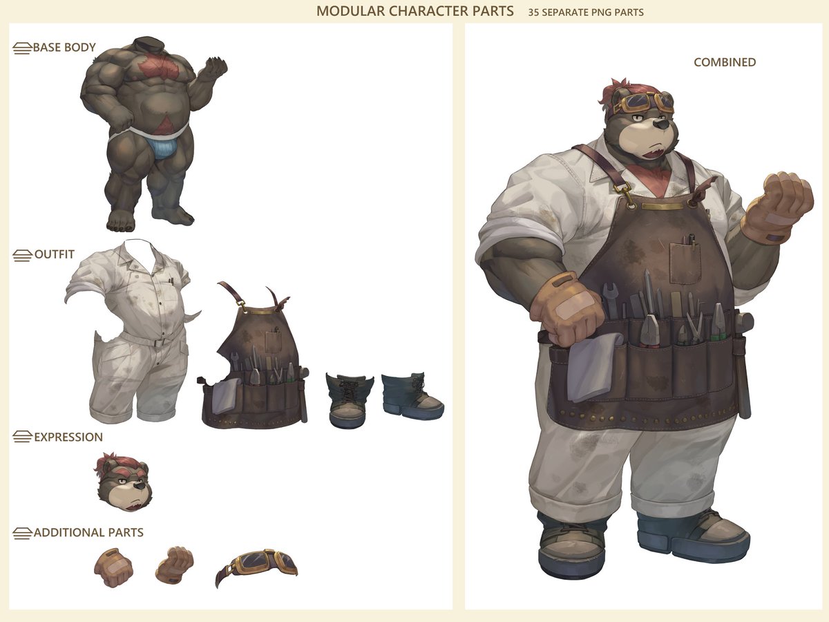N_ioNion's tweet photo. オリジナルの熊獣人キャラクター「THE FOREMAN」の立ち絵素材集を制作しました！

衣装6種×表情8種の立ち絵48枚＋カスタマイズ用パーツを収録しています。

BOOTH：https://t.co/6lSLYTl4cV
https://t.co/N6Lw27NWdX：https://t.co/hr9q1bw2hO

#獣人 #立ち絵素材 https://t.co/nSosB0i98w