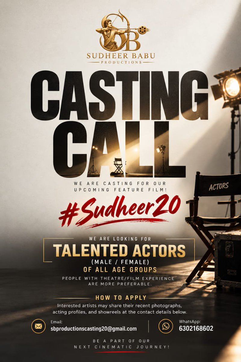 DAYYALAASHOK's tweet photo. Your chance to be part of the big screen! Sudheer Babu Productions invites talented actors of all age groups to audition for its upcoming feature film🎬

#Sudheer20 #CastingCall #Bigbharath https://t.co/Rrb47yF4dG