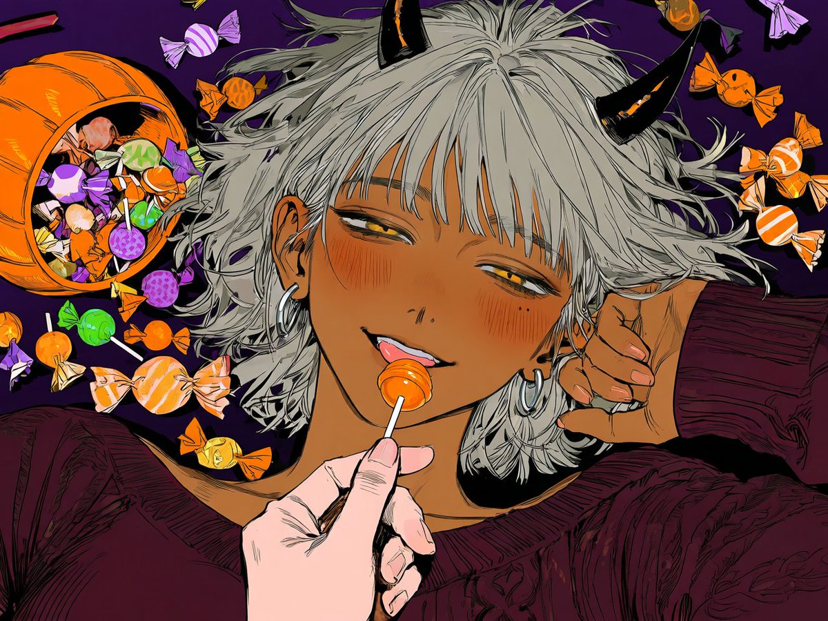 bad_sajang's tweet photo. 🎃[PixAI 프롬프트 공유]

「입 벌려야지, 장난 대신 달라며.」

니가 원했잖아.

대괄호 안에 원하는 캐릭터의 외모와 외형을 입력해 주세요.

성별과 관계없이 사용 가능하며, 그림체는 원하는 모델과 LoRA로 자유롭게 설정하시면 됩니다.

1 adult, solo focus, black knit sweater, small black devil horns,

[캐릭터 외모/외형]

lying on their back in a scattered pile of colorful wrapped Halloween candy, head tilted slightly to one side, half-lidded eyes looking directly up at the viewer, soft blush across cheeks and ears, playful expression, lips slightly parted, tongue tip lightly touching the surface of an orange lollipop, both hands resting loosely beside their head, an unseen adult partner's hand entering from the foreground and holding the lollipop stick, candy positioned just in front of the character's mouth, only the partner's hand visible,

overhead close-up, face and shoulders filling the center, strong foreshortening on the offered lollipop, tipped-over pumpkin candy bucket beside the character's head, colorful candy wrappers filling the edges of the frame, dark purple background, warm orange highlights, rich dark tones, cinematic lighting

#PixAI #PixAITsubakiV3 #PixAI_kr
