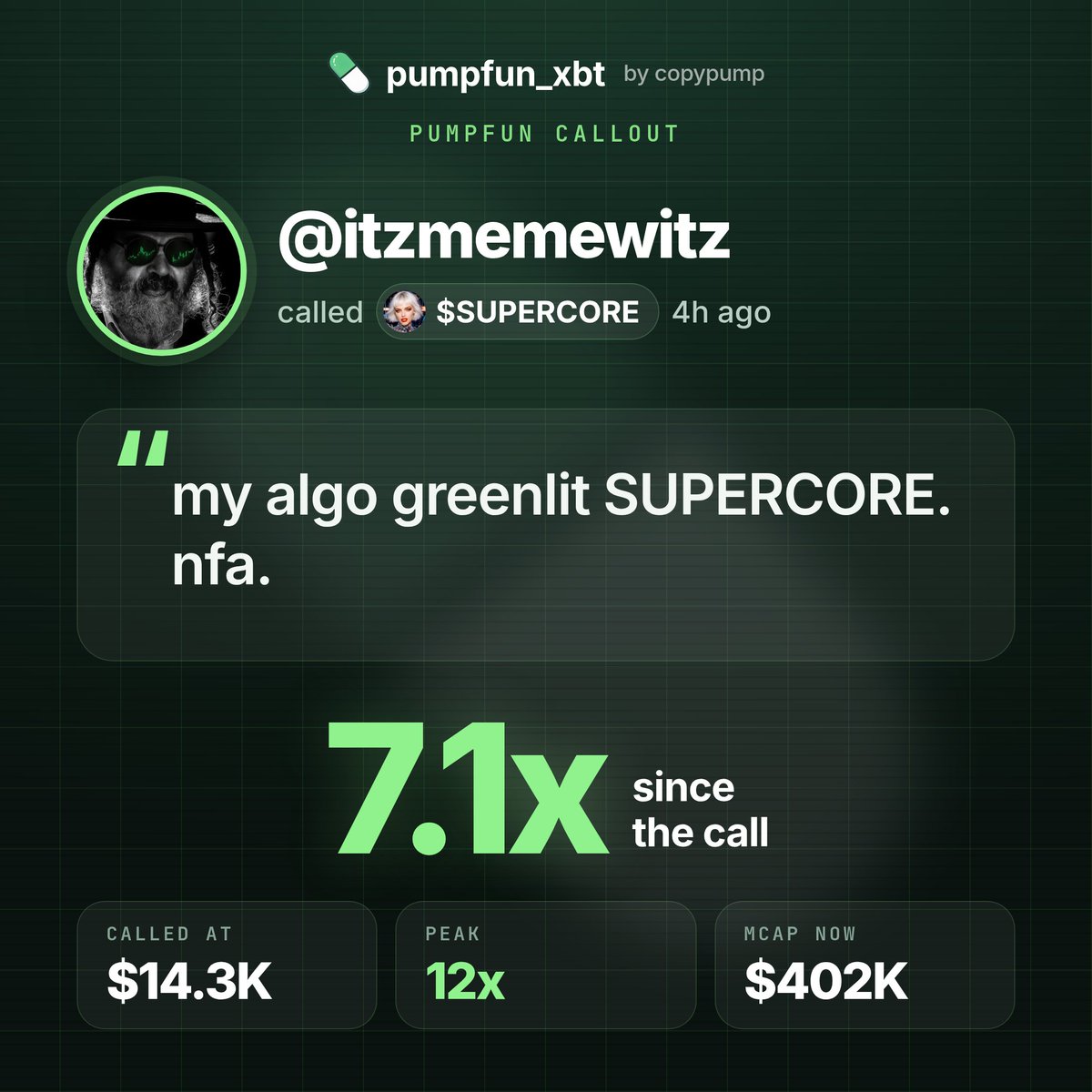 pumpfun_xbt's tweet photo. @itzmemewitz called @xellarey on pumpfun 4 hours ago at a $14.3k market cap.

"my algo greenlit supercore. nfa."

the call ran 7.1x. it peaked at 12x. https://t.co/xvphe85Y26