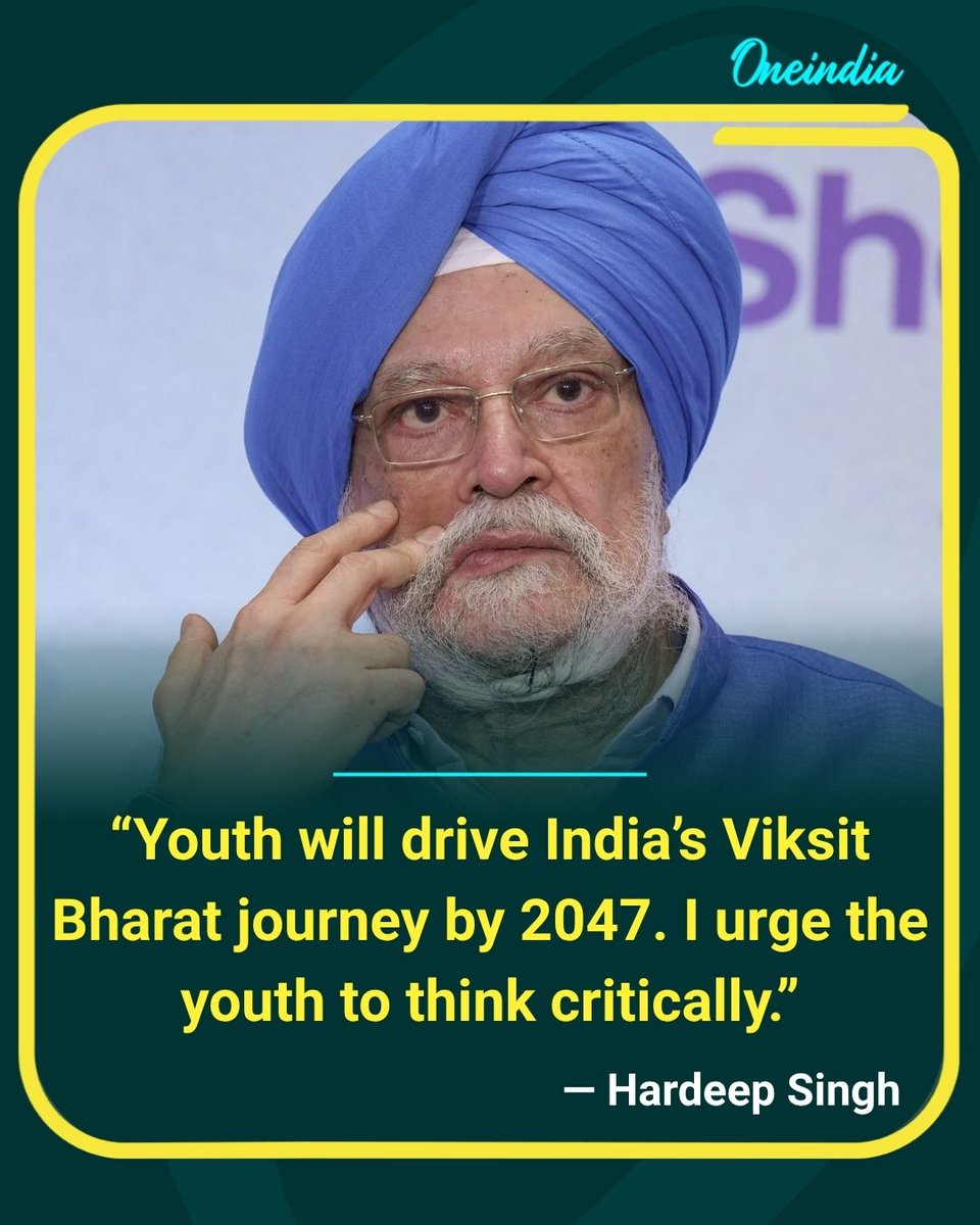 Oneindia's tweet photo. Union Minister Hardeep Singh highlights the important role of youth in driving India’s Viksit Bharat vision by 2047, urging young people to think critically and contribute to the nation’s development.

#ViksitBharat #HardeepSingh #NewsUpdate #OI https://t.co/LBh1kI4Oio