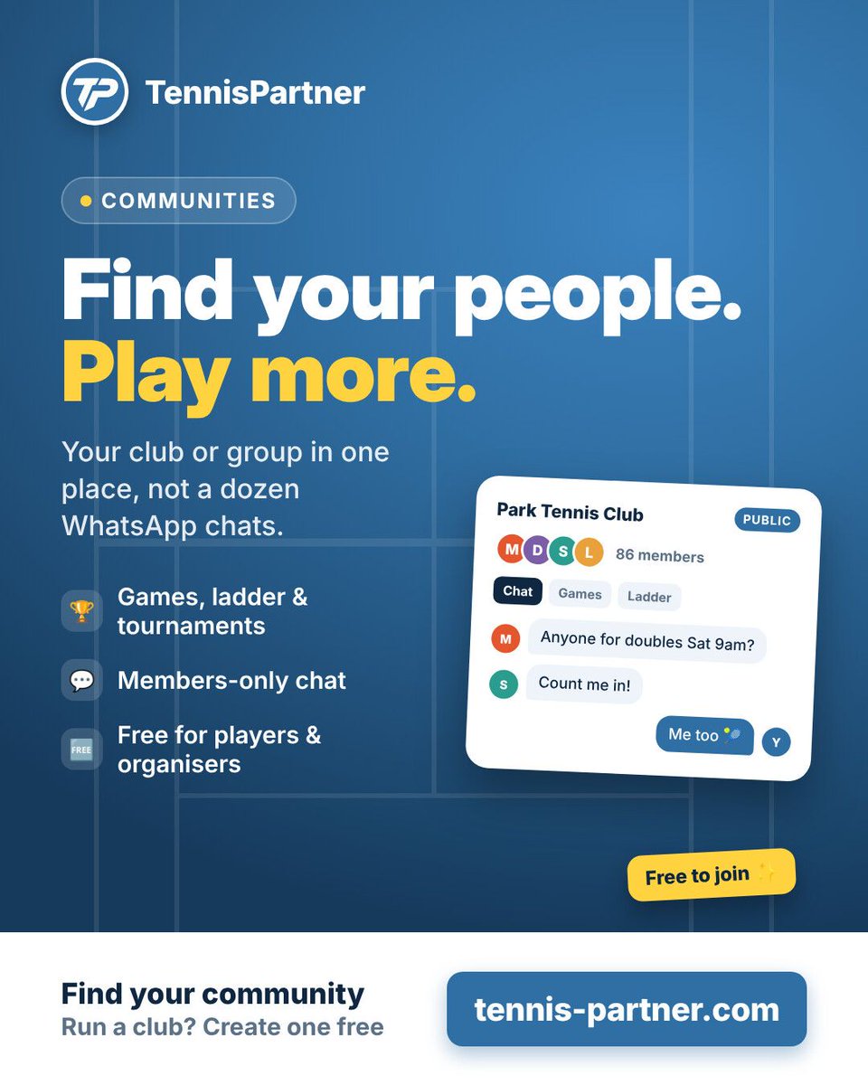 tennispartnerco's tweet photo. 👥 Is your club still organising games across a dozen WhatsApp chats?

TennisPartner Communities bring your club or group together in one place.

👇 Find or create your community: https://t.co/Ib2BHxtv9R https://t.co/8LXtDaiYdJ