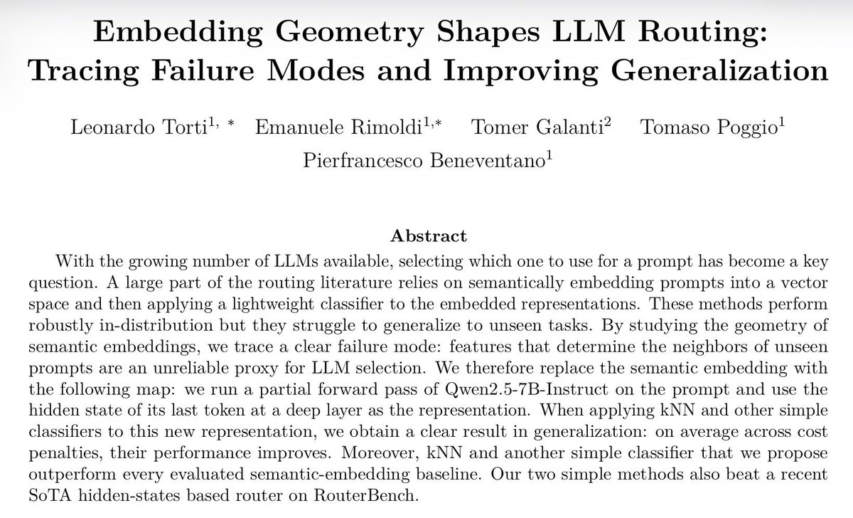 PierBeneventano's tweet photo. Which LLM should answer your prompt?

A cheaper model may be enough. A more capable one may be worth the extra cost.

LLM routing makes that choice automatically, prompt by prompt.

But how does a router decide—and what happens on unfamiliar tasks? 

1/9 https://t.co/WStmSWtIm1