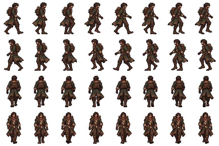 RockBockPock's tweet photo. From the base pixel I was able to create frames for an idle position and walking. I think there are some mistakes yet which I will need to figure out how to fix, but for now it allows for me to test how a character looks within the game https://t.co/X0Fn6Cgi2v
