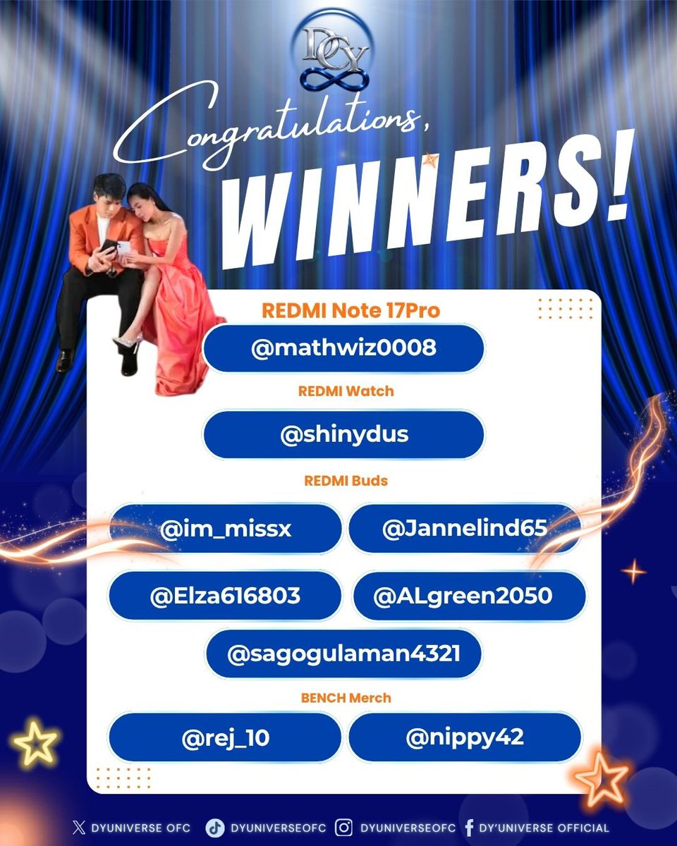DYUniverseOFC's tweet photo. 𝐂𝐎𝐍𝐆𝐑𝐀𝐓𝐔𝐋𝐀𝐓𝐈𝐎𝐍𝐒 𝐓𝐎 𝐎𝐔𝐑 𝐑𝐄𝐃𝐌𝐈 𝐍𝐎𝐓𝐄 𝟏𝟕 𝐒𝐄𝐑𝐈𝐄𝐒 𝐑𝐀𝐅𝐅𝐋𝐄 𝐖𝐈𝐍𝐍𝐄𝐑𝐒! 📱🎉

Thank you to everyone who joined our REDMI Note 17 Series Raffle! Through your participation, we were able to further amplify our support for Dustin Yu and his Xiaomi endorsement. 

📋 Kindly refer to the attached winners' pubmat.

📌 Winners are requested to fill out the attached Google Form for their shipping details:
🔗https://t.co/7aYNJgY6jh

Maraming salamat po sa inyong walang sawang suporta. Through initiatives like this, we continue to show the strength of the YUniverse family while supporting the brands that trust our Dustin. 💙
Congratulations everyone! 👏🏼 

#DustinYu