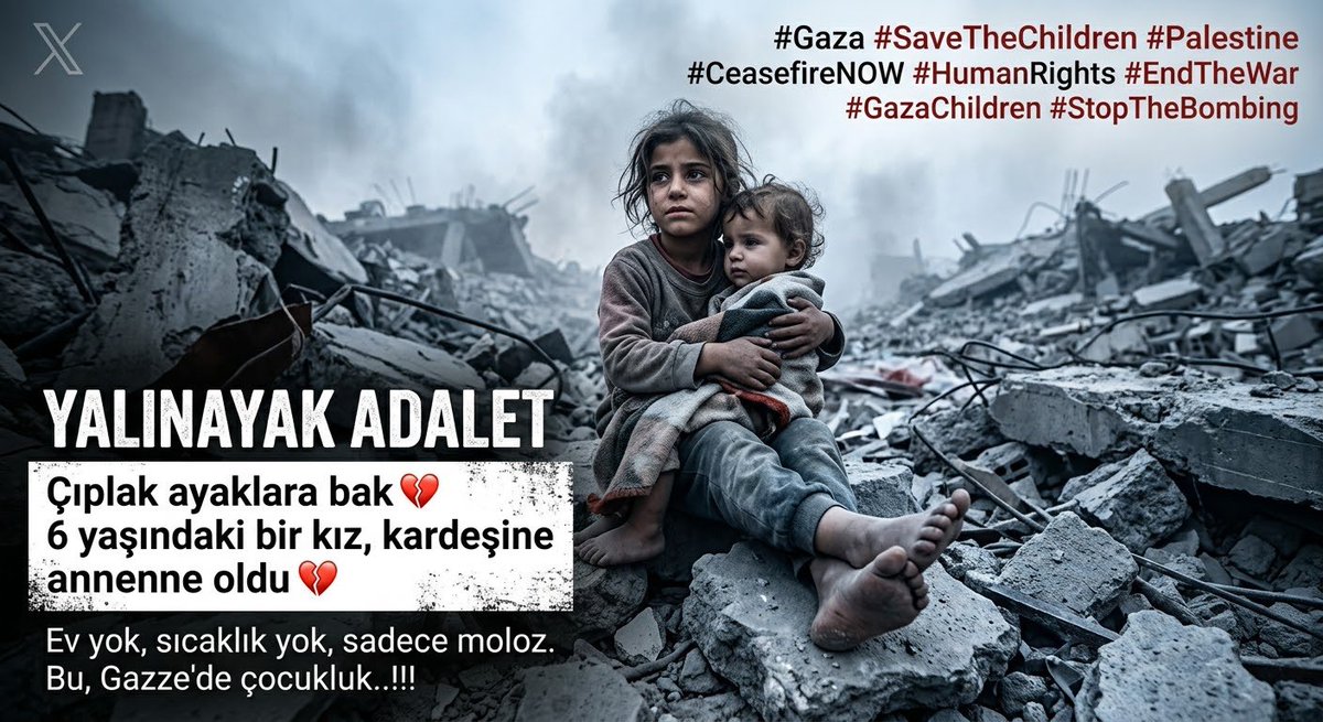 ErolSalahattin's tweet photo. 6 yaşında… Çıplak ayaklarla enkazın üstünde oturuyor.
Kardeşine annelik ediyor, çünkü başka kimsesi kalmamış. 💔
Ev yok.
Sıcaklık yok.
Sadece kırık hayaller ve sessiz bir çocukluk.
Bu manzaraya sessiz kalmak mümkün mü? 😔
#Gazze #Çocuklar #Savaş #MasumiyetKayboldu #Filistin #Barışİçin