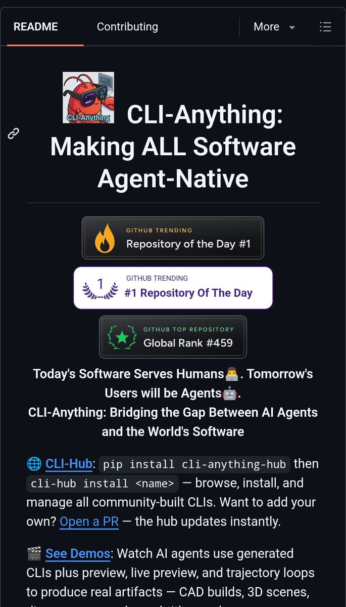 RituWithAI's tweet photo. 🚨 Someone built a tool that turns any software on earth into something your AI agent can actually control.

Not a wrapper. Not UI automation that breaks every time a button moves. A real, agent-native command-line interface, auto-generated, for software that never had one.

It's called CLI-Anything. 54,200 GitHub stars. GitHub Trending Repository of the Day. And the thesis is one sentence: today's software serves humans, tomorrow's users will be agents.

Here's the problem it solves.

AI agents reason brilliantly. They're terrible at using real professional software. Your options until now: fragile GUI automation that breaks on every update. Limited APIs that expose 10% of what the software can actually do. Dumbed-down reimplementations that lose the real capability entirely.

CLI-Anything feeds your agent the actual source code of any software and generates a complete, structured CLI for it. Full capability. Zero compromise.

Here's the 7-phase pipeline that does it.

/cli-anything ./gimp

One command. The agent analyzes the codebase, maps GUI actions to real backend functions, architects command groups, implements a full Click CLI with JSON output and undo/redo, writes a comprehensive test suite, documents everything, and publishes it to PATH. Fully automated. No human writing wrapper code.

cli-anything-gimp project new --width 1920 --height 1080 -o poster.json
cli-anything-gimp --json layer add -n "Background" --type solid --color "#1a1a2e"

That's GIMP. Scriptable. JSON output. Zero clicking.

Here's what's already in the registry — install existing CLIs without building anything.

pip install cli-anything-hub
cli-hub install blender
cli-hub install gimp

18+ major applications already battle-tested: Blender, GIMP, LibreOffice, OBS Studio, Audacity, Godot, FreeCAD, QGIS, Krita, Jenkins, GitLab, Grafana, Zoom, ComfyUI, Ollama — real software, real backends, real functionality.

Here's the number that proves this isn't a toy.

2,280+ tests. Not synthetic mock tests — end-to-end validation against the actual software. LibreOffice really generates the PDF. Blender really renders the 3D scene. Audacity really processes the audio through sox.

Here's the part that matters most for agent builders right now.

Every generated CLI ships a native SKILL.md — meaning any agent framework can discover and install it instantly:

npx skills add HKUDS/CLI-Anything --skill cli-hub-meta-skill -g -y

Then just prompt: "Find appropriate CLI software in CLI-Hub and complete the task: ..." — the agent discovers, installs, and uses the right tool entirely on its own. Works with Claude Code, Cursor, OpenClaw, Codex, Hermes, and more.

Here's the wildest part.

You don't need the software's source code at all — just docs or an SDK. Point CLI-Anything at a fragmented set of web service APIs and it unifies them into one coherent, stateful command interface. Dozens of raw API calls become one tool your agent actually understands.

54.2K stars. Apache 2.0. One command turns any software into something an agent can finally use properly.