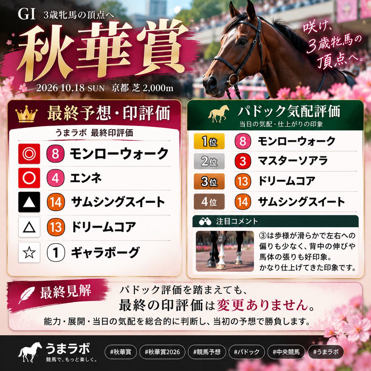 umarabo_jp's tweet photo. 秋華賞2026

印評価

◎ ⑧ モンローウォーク
○ ④ エンネ
▲⑬ ドリームコア
△ ⑭ サムシングスイート
☆ ① ギャラボーグ

【パドック評価】

1位 ⑧
2位 ③
3位 ⑬
4位 ⑭

#秋華賞 #秋華賞2026 #競馬予想 #競馬分析 #パドック #JRA #うまラボ #モンローウォーク https://t.co/cjxl90PBMc