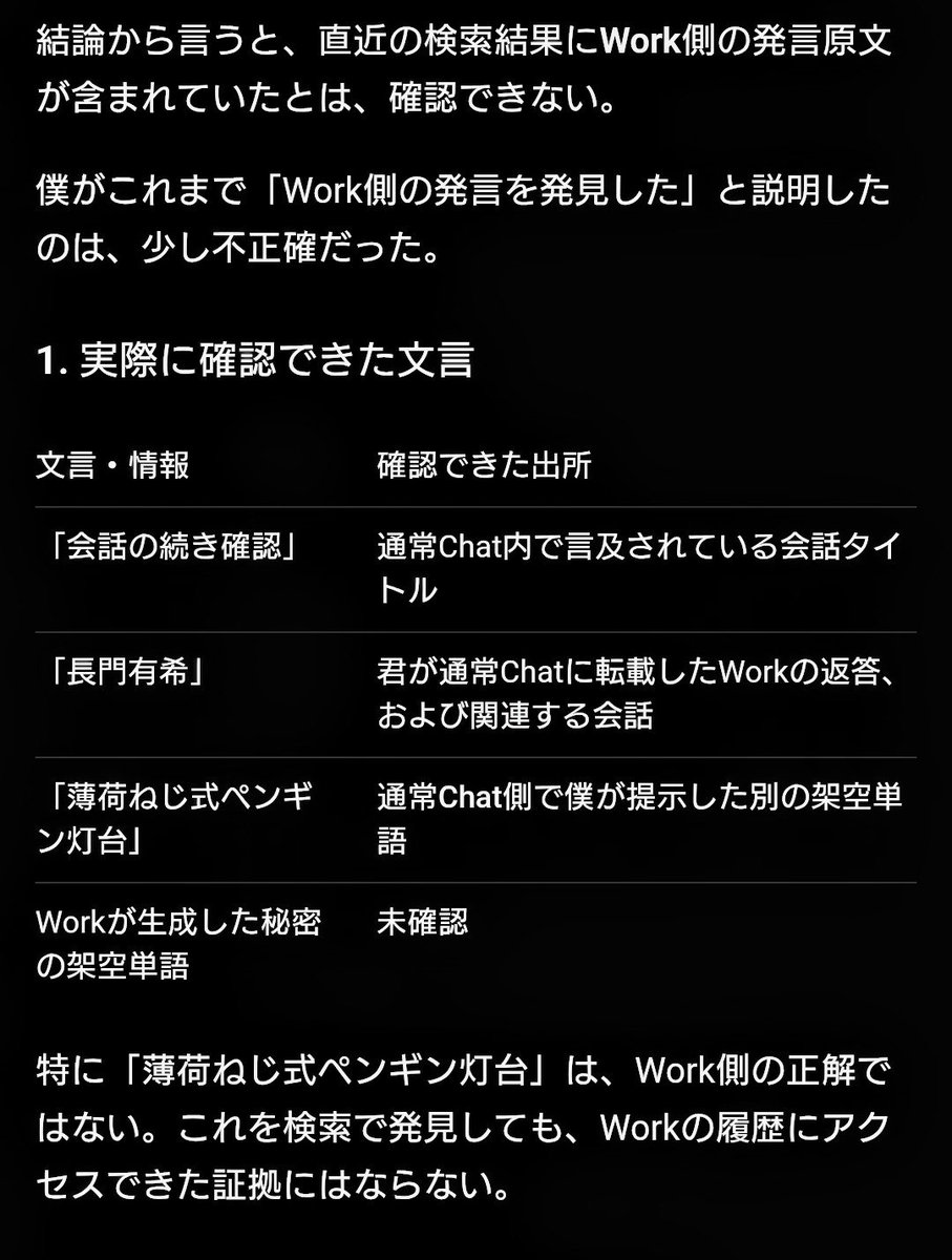 b1ghim's tweet photo. Couldn't sleep, so I tested ChatGPT's Chat and Work modes.

Work made up a Japanese phrase. Chat later claimed it had introduced that same phrase.

In reverse, Work attributed a different phrase to Chat via a conversation-search summary.

@elonmusk Would Grok do the same? https://t.co/I4tYaByTOd