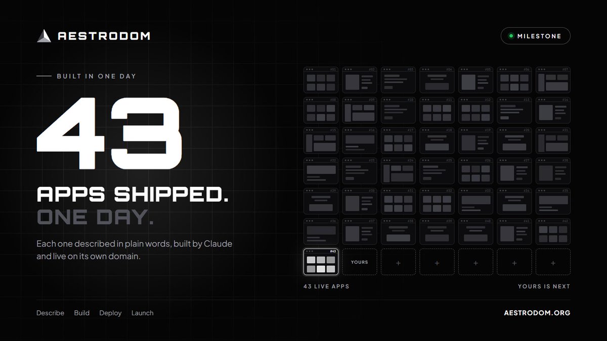 aestrodom_ai's tweet photo. 43 apps built on Aestrodom in a single day.

Every build runs on Claude Opus 5.5 and every app goes live in minutes. AESTRODOM powers the credits behind it.

CA: 0x72c11afca4c6a30e01fadce6526cc35d857f4f20 https://t.co/hdXzo0HcBk