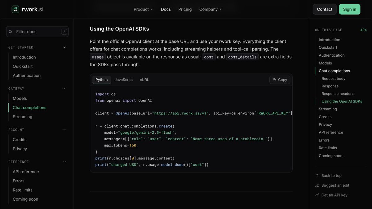 GetRwork's tweet photo. Route’s expansion reuses its routing engine across chains. Reuse matters for AI integrations too.

rwork works with the official OpenAI SDKs: configure the base URL and key, then use a supported model ID.

Keep client code; test the model-specific behavior before shipping. https://t.co/OFAFzlJAbM