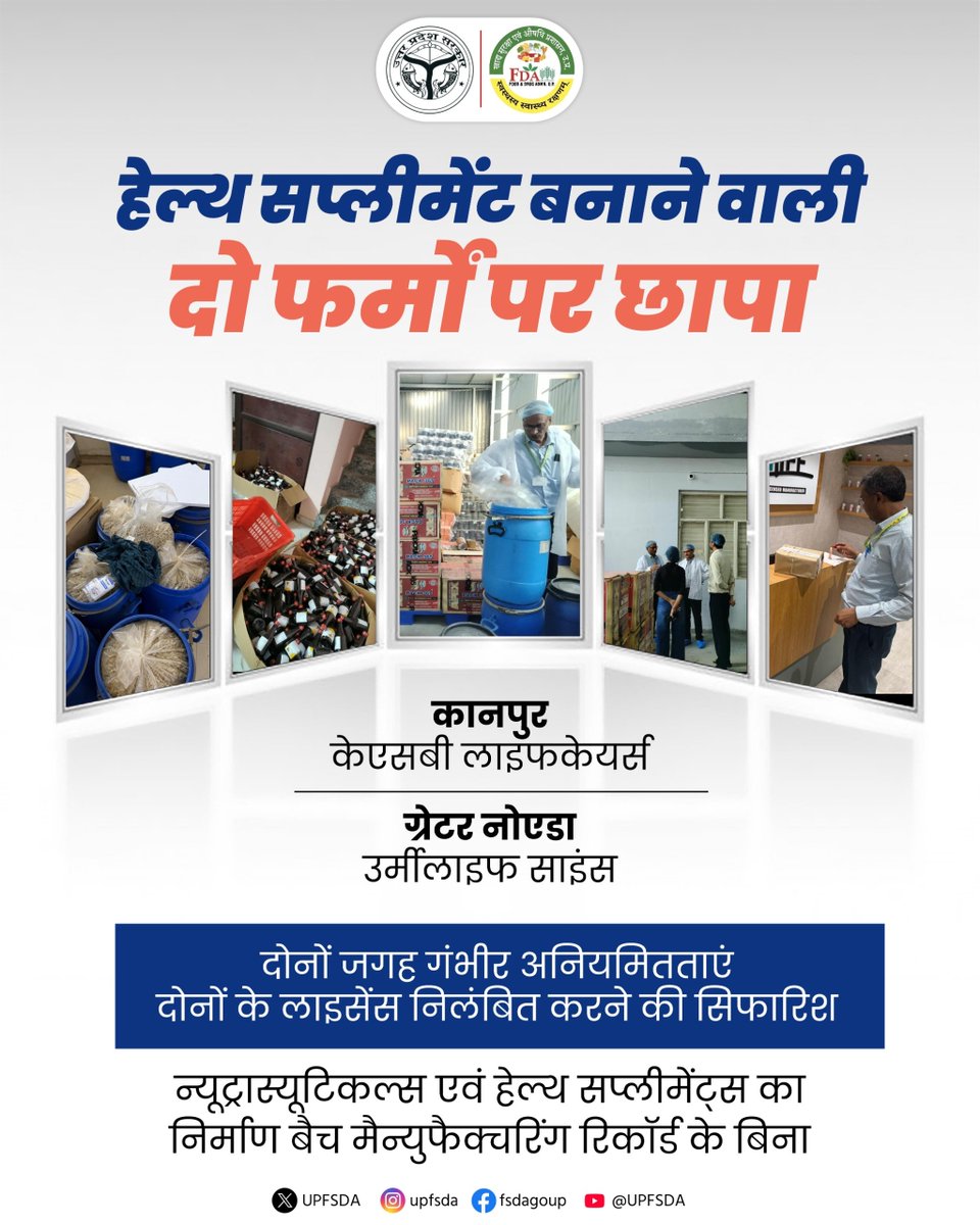 UPFSDA's tweet photo. खाद्य सुरक्षा एवं औषधि प्रशासन, उत्तर प्रदेश द्वारा कानपुर स्थित केएसबी लाइफ केयर्स और ग्रेटर नोएडा स्थित उर्मीलाइफ साइंस का निरीक्षण किया गया। गंभीर अनियमितताएं मिलने पर नमूने लेकर जांच के लिए भेजे गए और सीजर की कार्रवाई की गई। साथ ही, नियमों के उल्लंघन पर जिम्मेदार इकाइयों के विरुद्ध निलंबन की सिफारिश की गई है। ग्रेटर नोएडा की इकाई में न्यूट्रास्यूटिकल्स एवं हेल्थ सप्लीमेंट्स के निर्माण में बैच मैन्युफैक्चरिंग रिकॉर्ड, सामग्री के विश्लेषण प्रमाणपत्र तथा तैयार उत्पादों की जांच रिपोर्ट जैसे आवश्यक अभिलेख उपलब्ध नहीं पाए गए।

#UPFSDA #FSSAI #HealthCare #Nutraceuticals #FoodSupplements