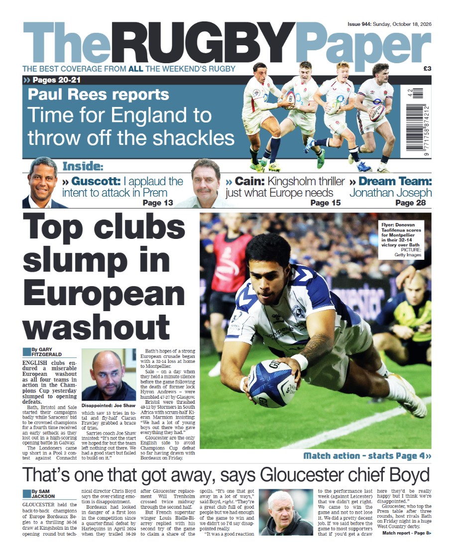 TheRugbyPaper's tweet photo. 🗞️ 𝐅𝐑𝐎𝐍𝐓 𝐏𝐀𝐆𝐄 🗞️

😞 Top English clubs suffer European washout
🍒 Chris Boyd: Gloucester left to rue missed chance
👏 Jeremy Guscott: I applaud intent to attack in Prem

The Rugby Paper is on sale NOW! Grab a copy or subscribe here 👇 https://t.co/a7uO2ClG25 https://t.co/RdCKQzxQS0