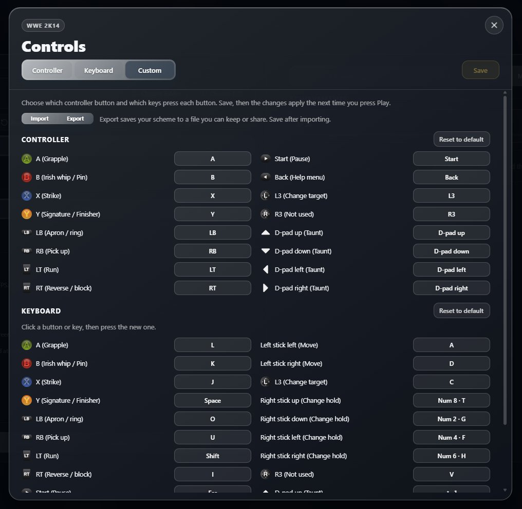itsbybanshee's tweet photo. Update v1.1 out for the #WWE2K14 launcher:

- Language selector 🇬🇧🇫🇷🇩🇪🇮🇹🇪🇸
- Controls remapper
- Export/import control scheme
- New keyboard layout (modern 2K style)
- Launcher UI scaling improvements

Link: https://t.co/OEzw0KMaE7 https://t.co/89wyDtblLH